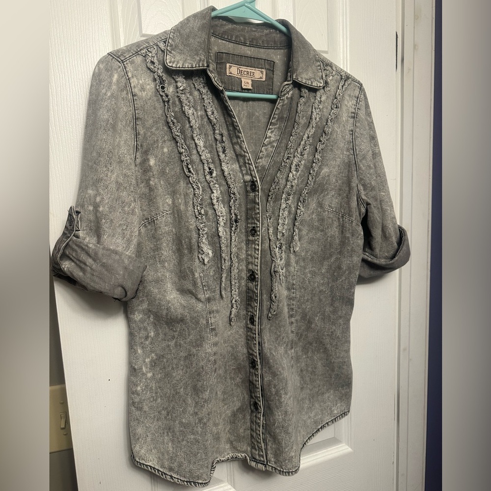 Decree Faux Denim Distressed Gray Button-Up Shirt
